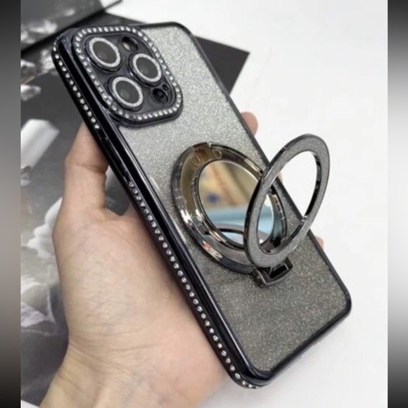 Black Glitter iPhone 14 Pro Max Case with Ring Holder - Picture 5 of 7